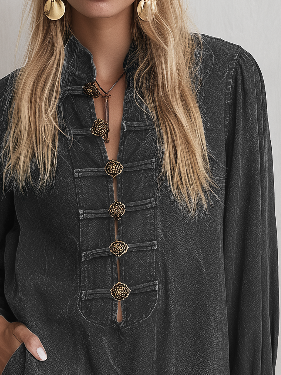 Boho Vintage Black Washed Stand Collar Ornate Button Denim Mini Dress  - By Qivii