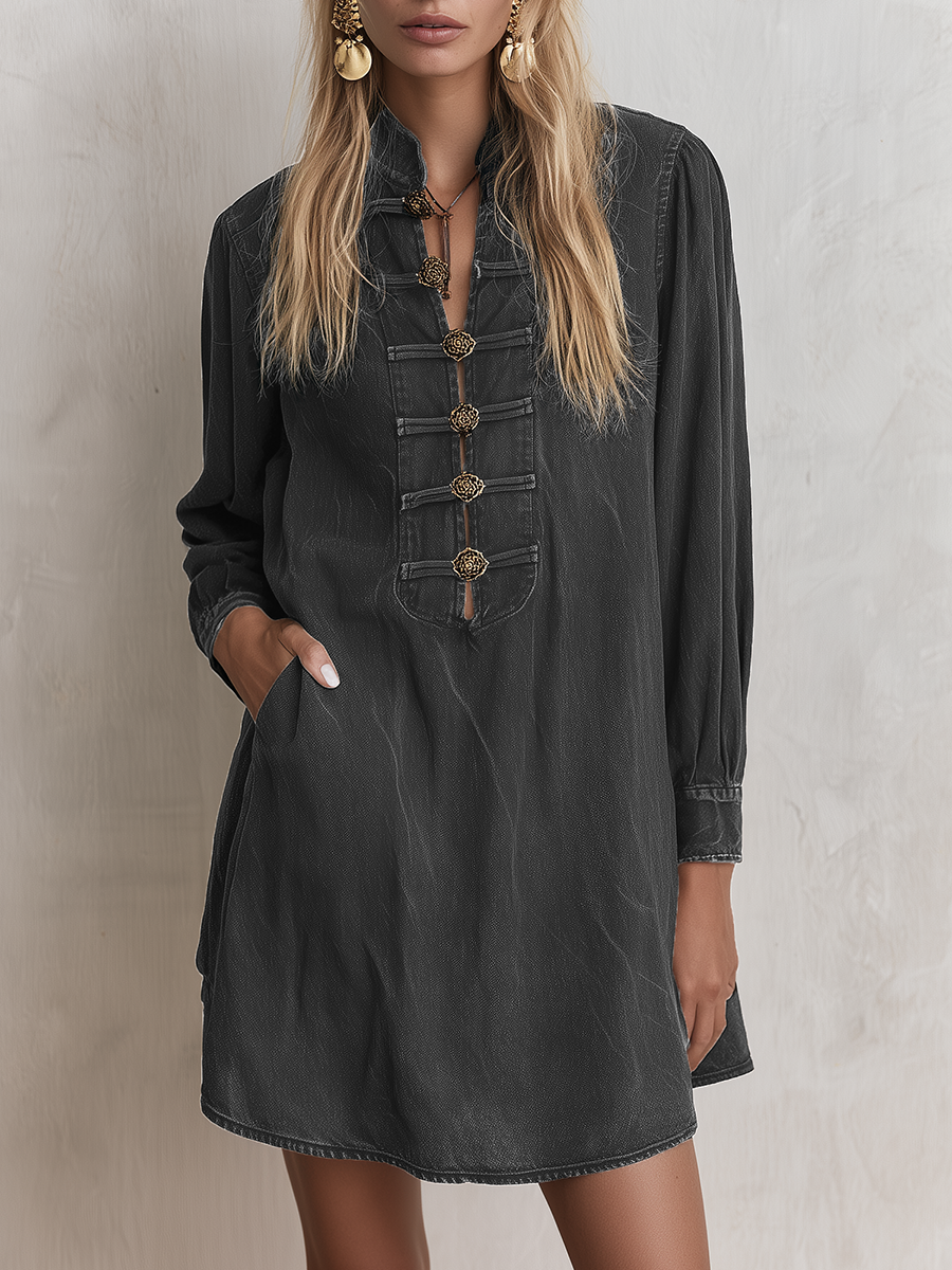 Boho Vintage Black Washed Stand Collar Ornate Button Denim Mini Dress  - By Qivii
