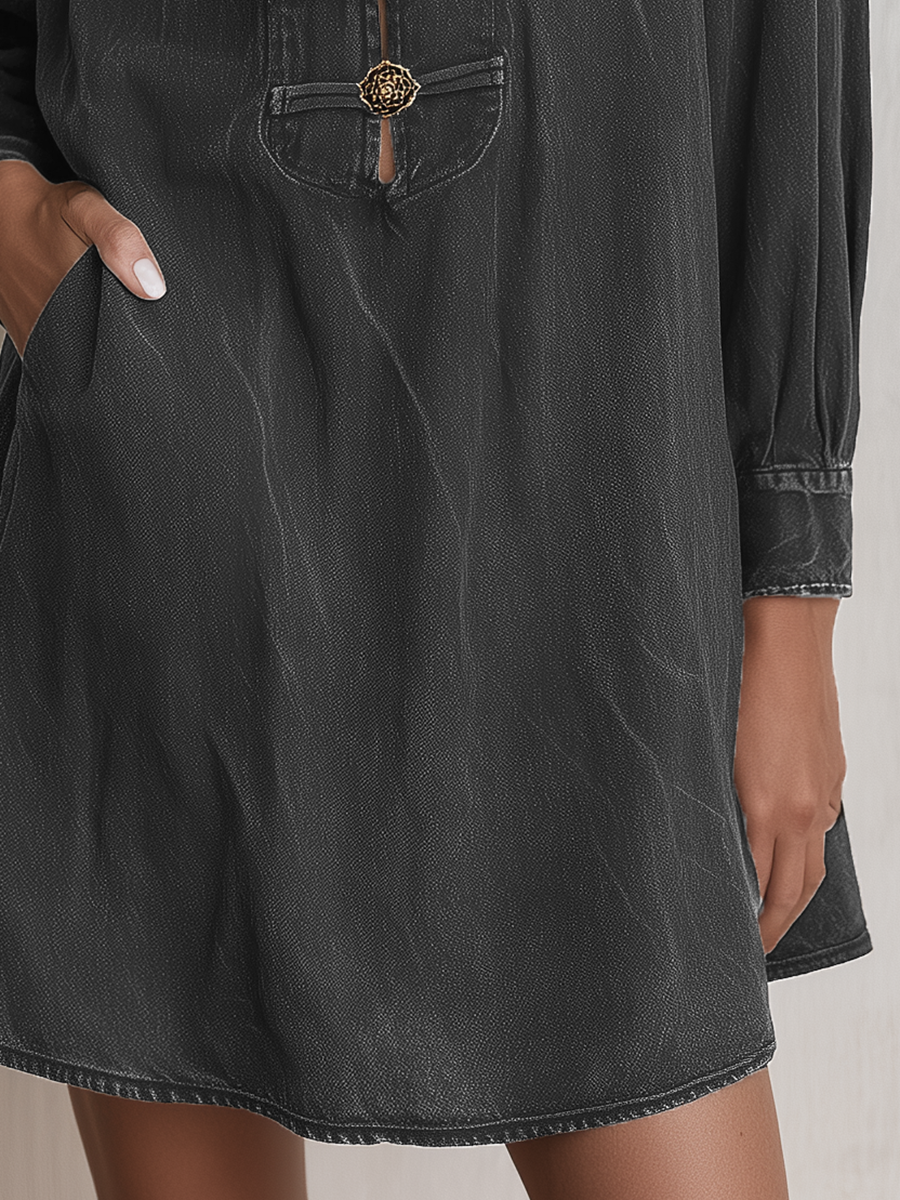 Boho Vintage Black Washed Stand Collar Ornate Button Denim Mini Dress  - By Qivii