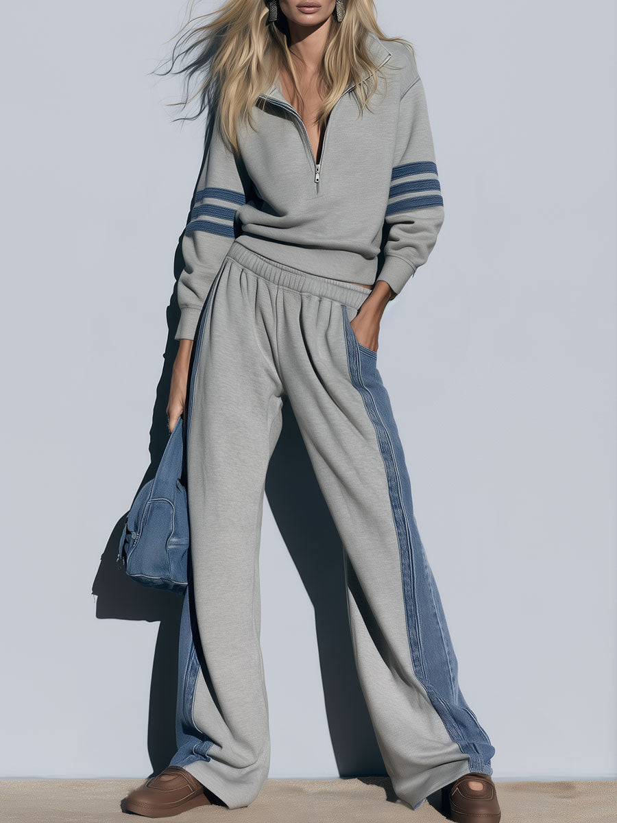 Women's Retro Sporty Denim Striped Gray Half-Zip Sweatshirt Wide-Leg Set  - By Qivii