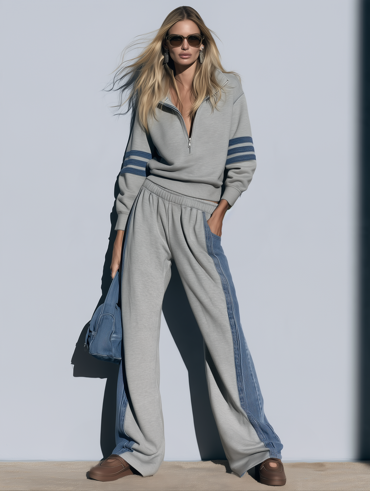 Women's Retro Sporty Denim Striped Gray Half-Zip Sweatshirt Wide-Leg Set  - By Qivii