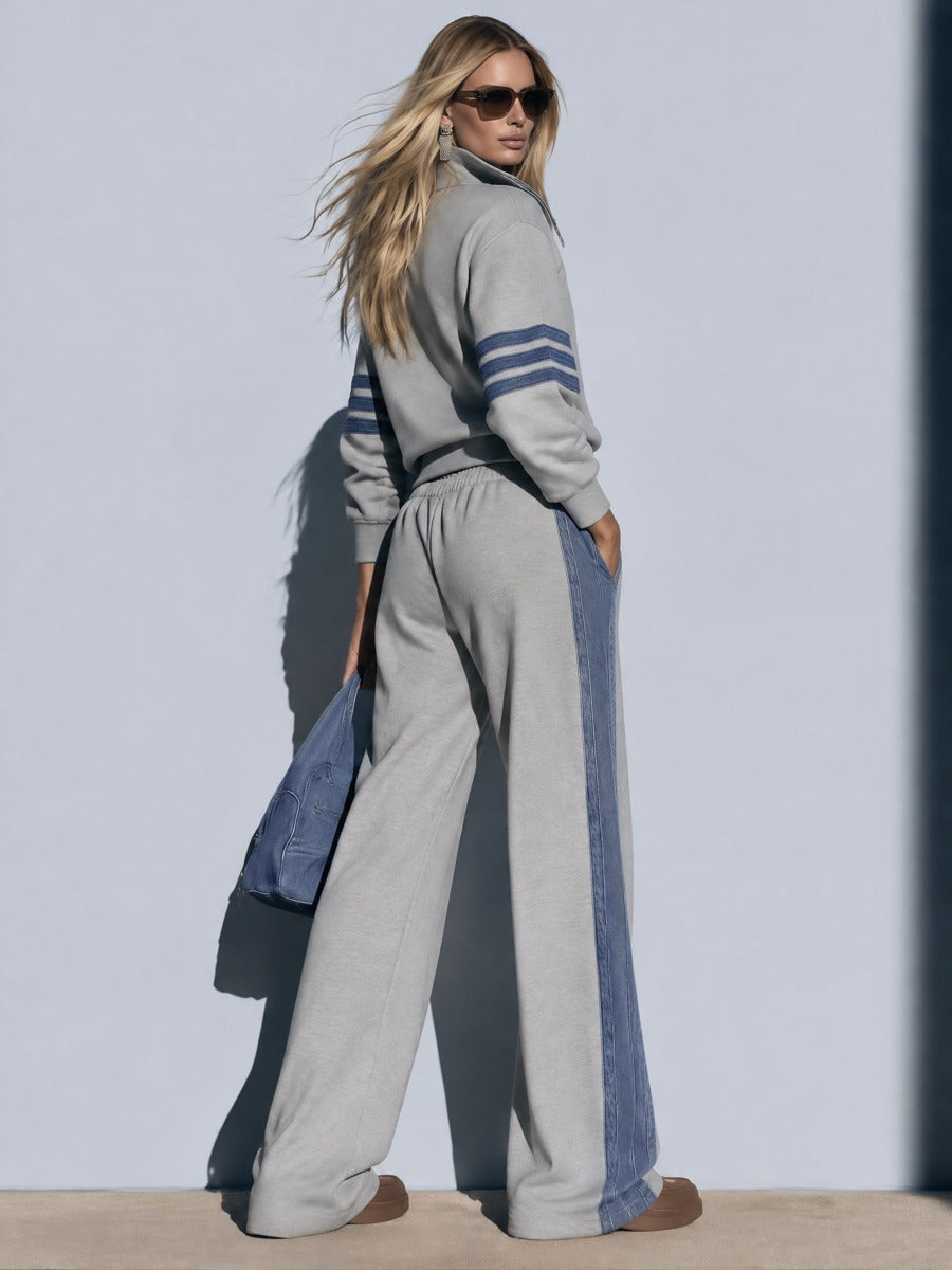 Women's Retro Sporty Denim Striped Gray Half-Zip Sweatshirt Wide-Leg Set  - By Qivii