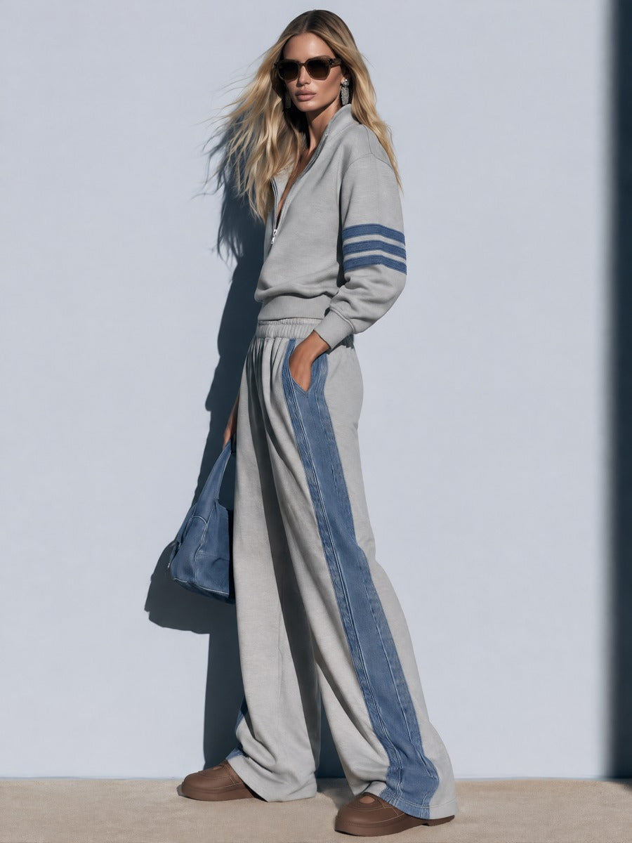 Women's Retro Sporty Denim Striped Gray Half-Zip Sweatshirt Wide-Leg Set  - By Qivii