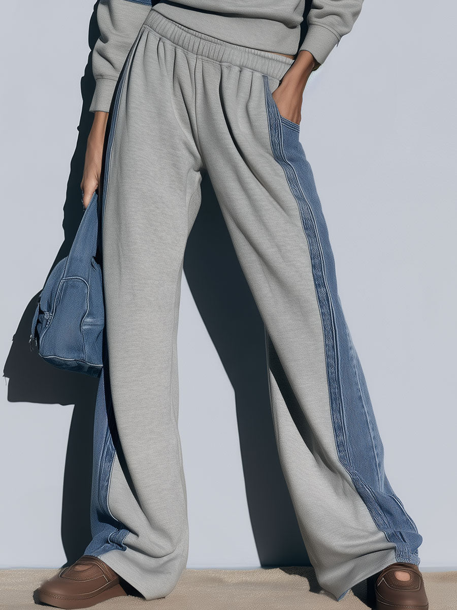 Women's Retro Sporty Denim Striped Gray Half-Zip Sweatshirt Wide-Leg Set  - By Qivii