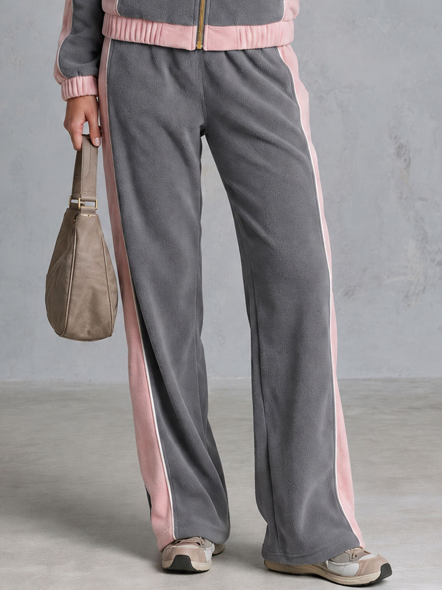 Casual Sporty Grey Lapel Zip-up Double-breasted Fleece Top And Pants Set  - By Qivii