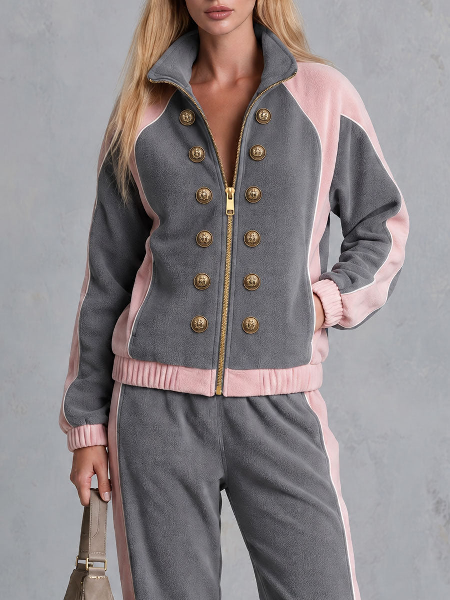 Casual Sporty Grey Lapel Zip-up Double-breasted Fleece Top And Pants Set  - By Qivii