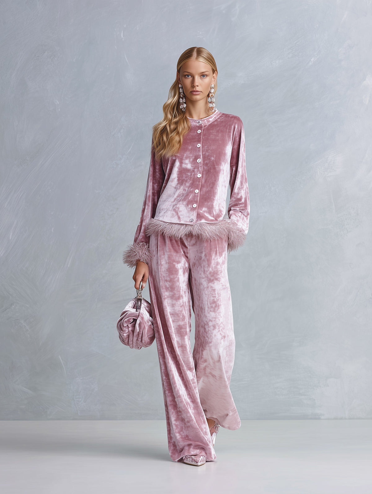 Elegant Faux-fur Trim Dusty Rose Crushed Velvet Top and Wide-Leg Trousers Two-Piece Sets  - By Qivii