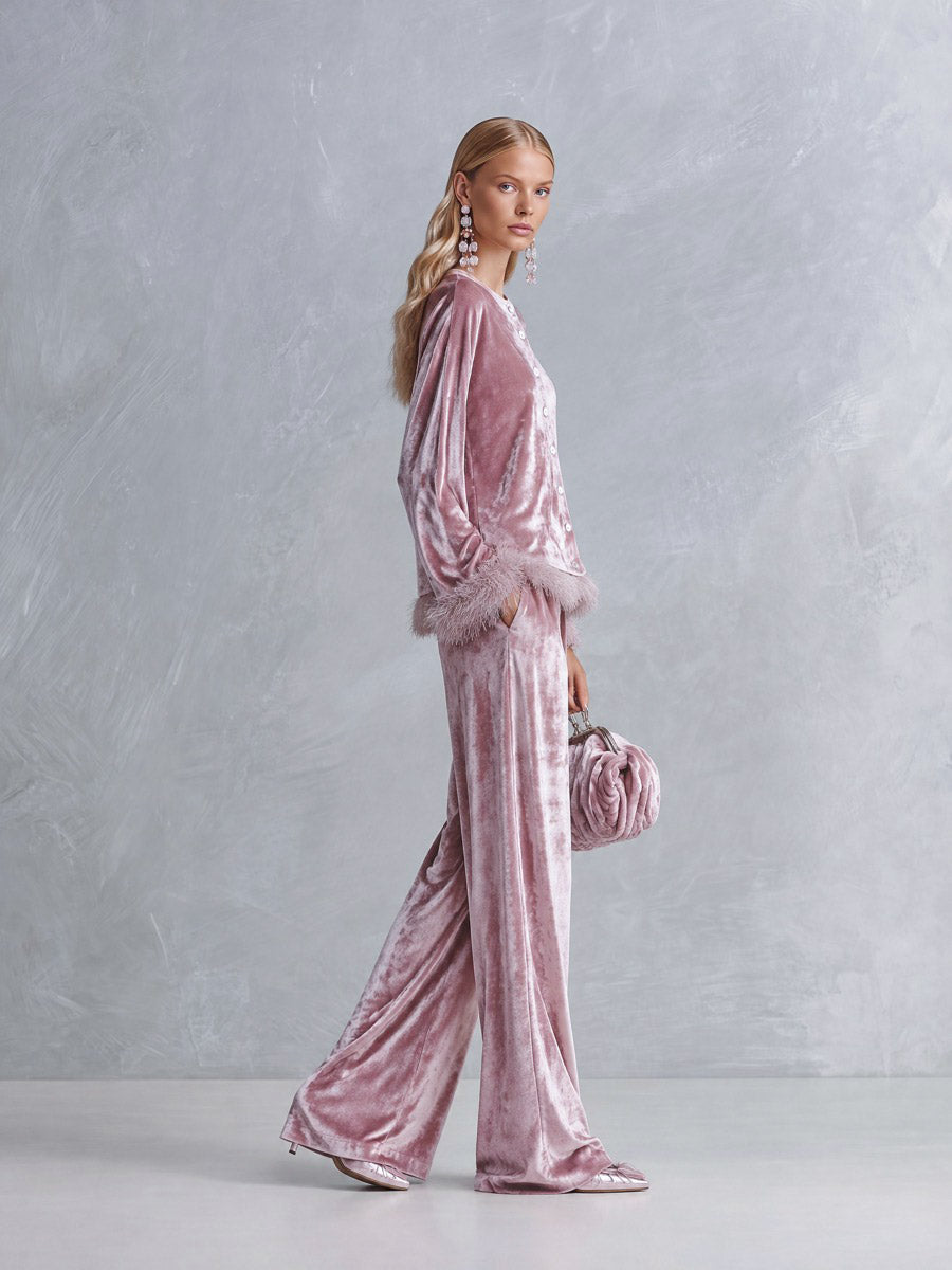 Elegant Faux-fur Trim Dusty Rose Crushed Velvet Top and Wide-Leg Trousers Two-Piece Sets  - By Qivii