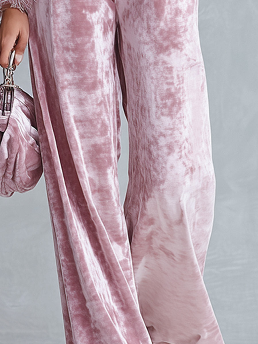 Elegant Faux-fur Trim Dusty Rose Crushed Velvet Top and Wide-Leg Trousers Two-Piece Sets  - By Qivii