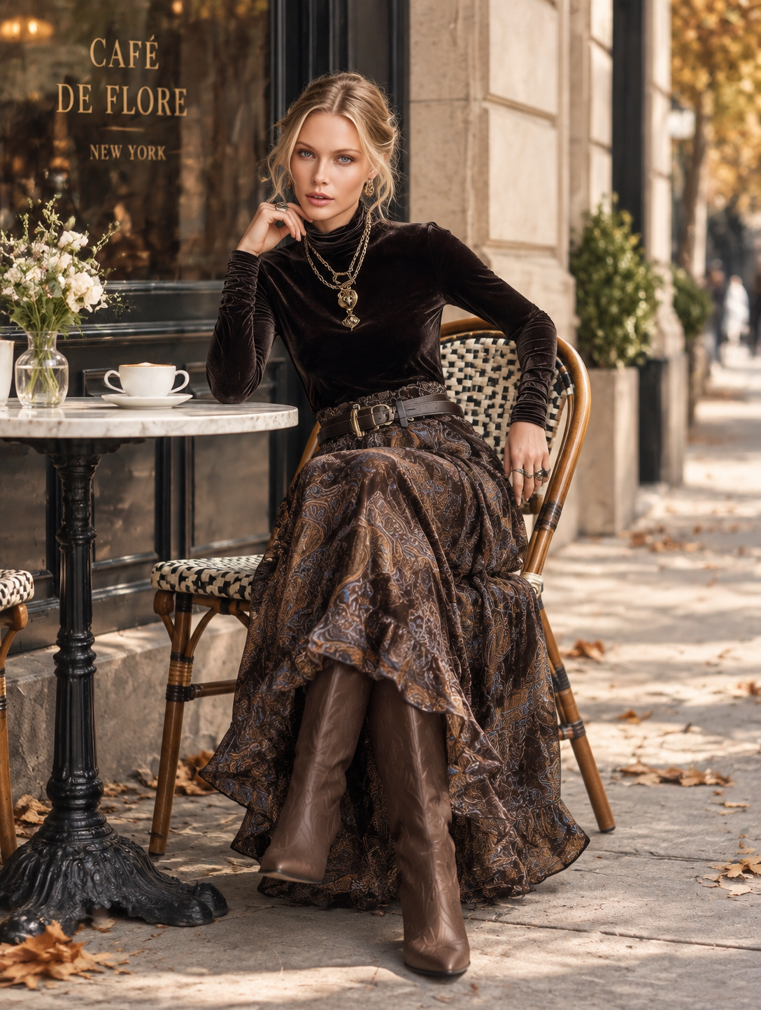 Vintage-style Dark Drown Long-sleeve T-shirt and Paisley Print Velvet Skirt Set  - By Qivii