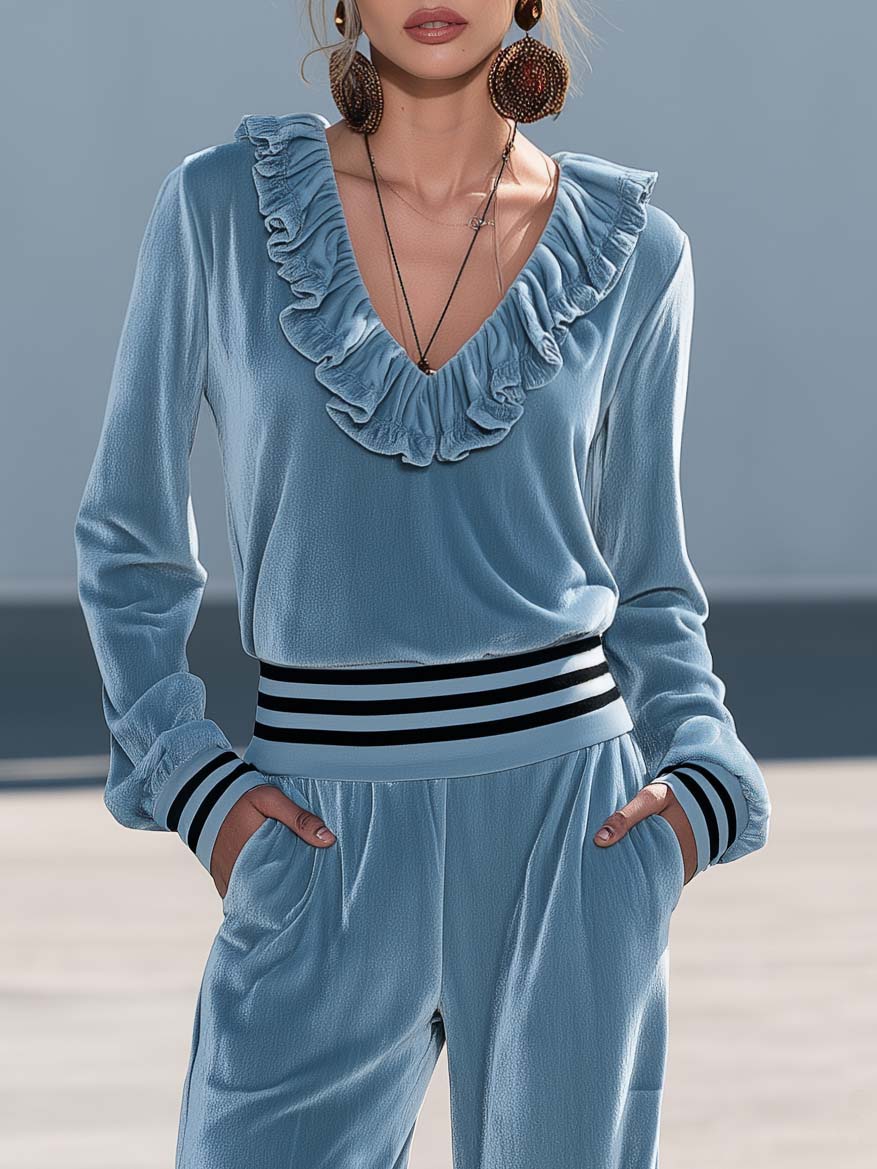 Retro Chic Dusty Blue Velvet Ruffle V-Neck Wide Leg Pants Two Piece Set  - By Qivii