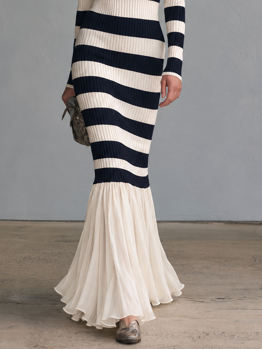 Retro-elegant Blue And White Striped Knit Patchwork Chiffon Ruffled Fishtail Maxi Dress  - By Qivii