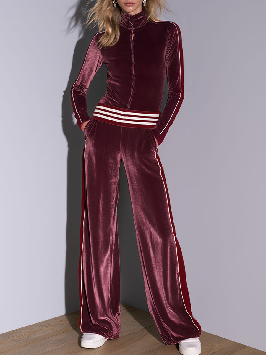 Casual Retro Burgundy Velvet Striped Button-Down Top And Wide-Leg Pants Set  - By Qivii