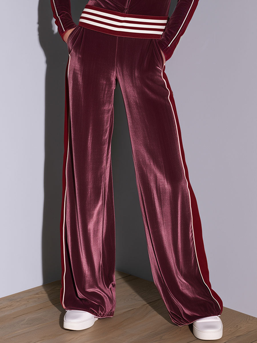 Casual Retro Burgundy Velvet Striped Button-Down Top And Wide-Leg Pants Set  - By Qivii