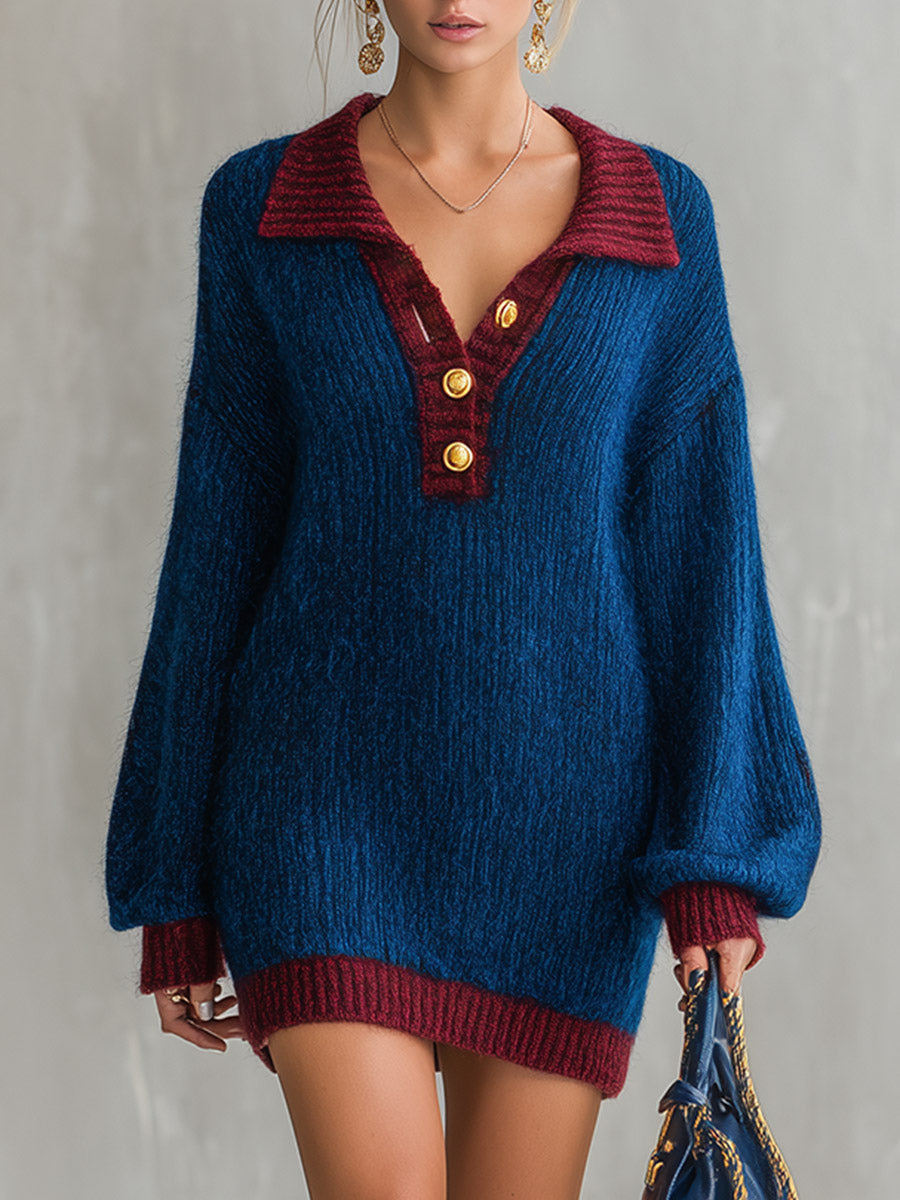 Oversized Contrast Trim Polo Collar Knit Mini Dress  - By Qivii