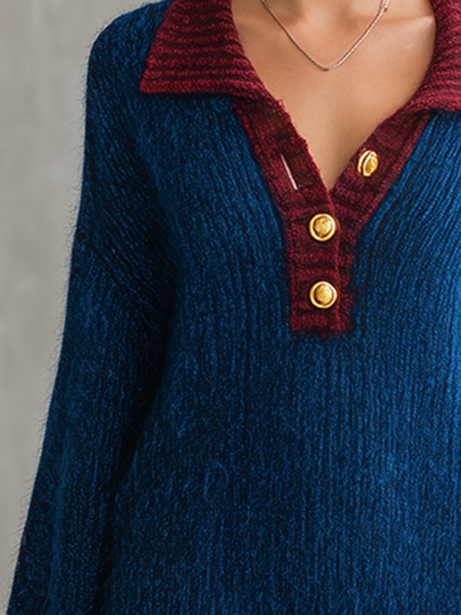 Oversized Contrast Trim Polo Collar Knit Mini Dress  - By Qivii