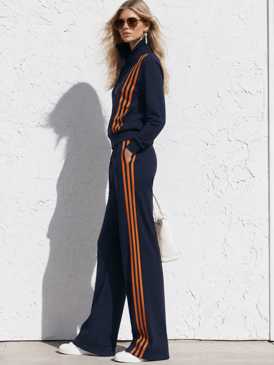 Casual Sporty Orange Striped Navy Blue Cotton Zipper Jacket Sweatshirt And Pants Set  - By Qivii