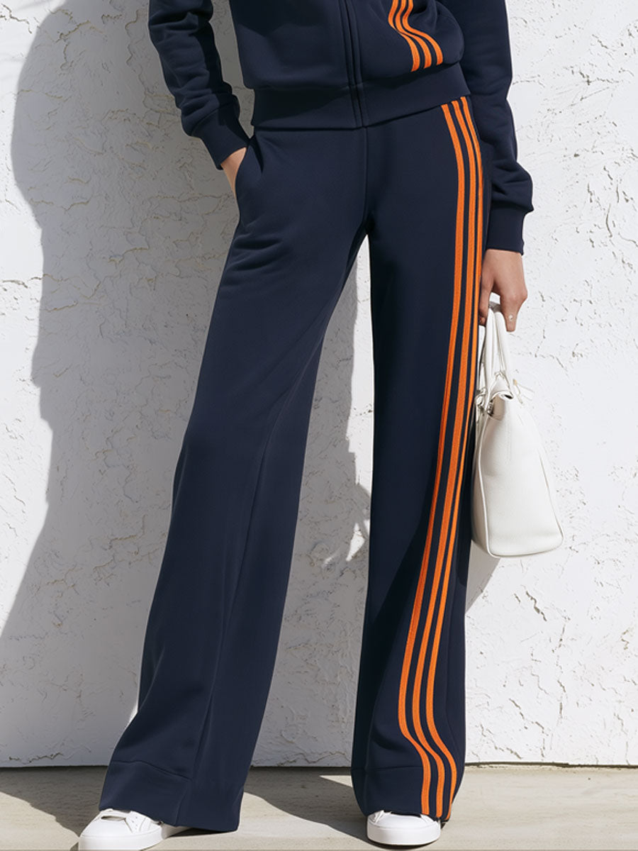 Casual Sporty Orange Striped Navy Blue Cotton Zipper Jacket Sweatshirt And Pants Set  - By Qivii