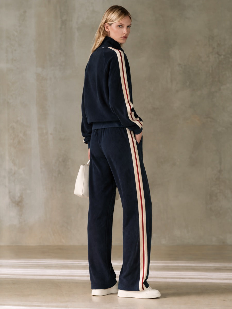 Sporty Retro Color-blocked Navy Blue Fleece Blend Top And Pants Set  - By Qivii