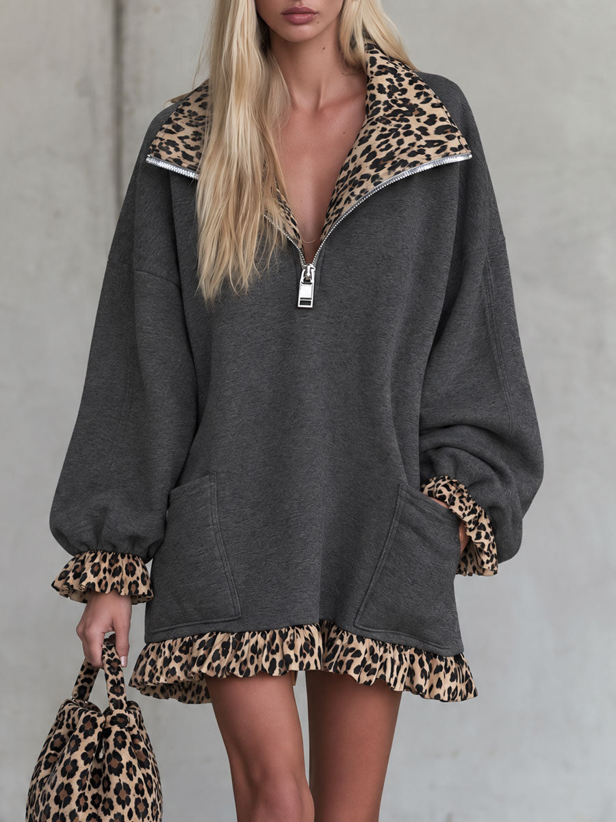 Retro brown leopard print cotton mini dress with ruffled gray collar, casual style by Oyrosy Clothing for women.