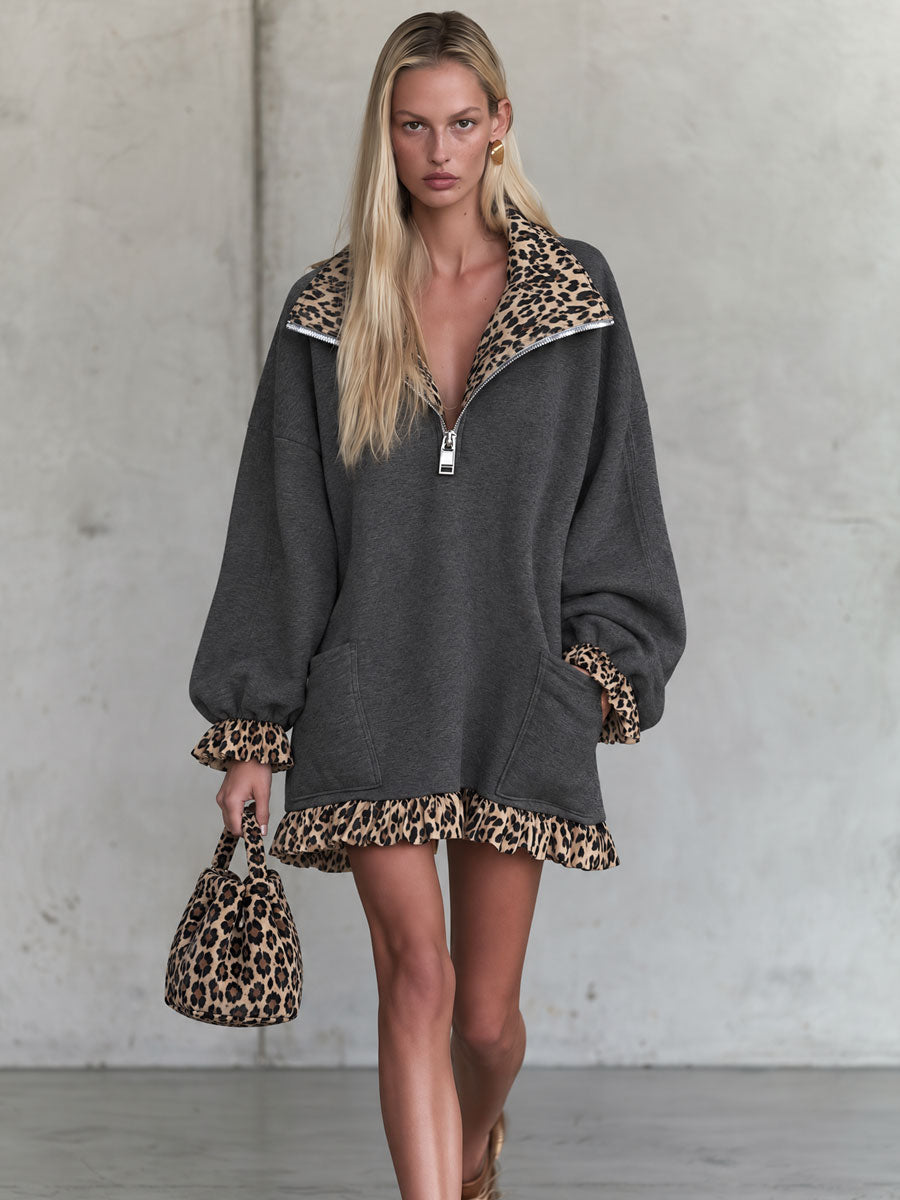 Retro casual brown leopard print cotton mini dress with ruffled gray collar, by Oyrosy Clothing, featuring a fitted silhouette and short sleeves.