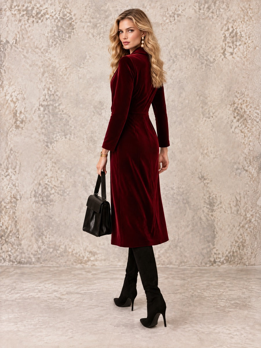 Vintage And Elegant Burgundy Cross-collar Velvet Midi Dress  - By Qivii