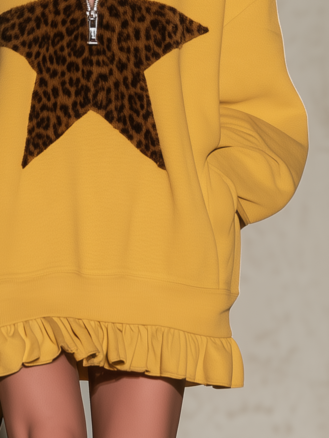 Mustard Yellow Half-zip Hooded Sweatshirt Dress Featuring Leopard-print Star Appliqués And A Ruffled Hem  - By Qivii
