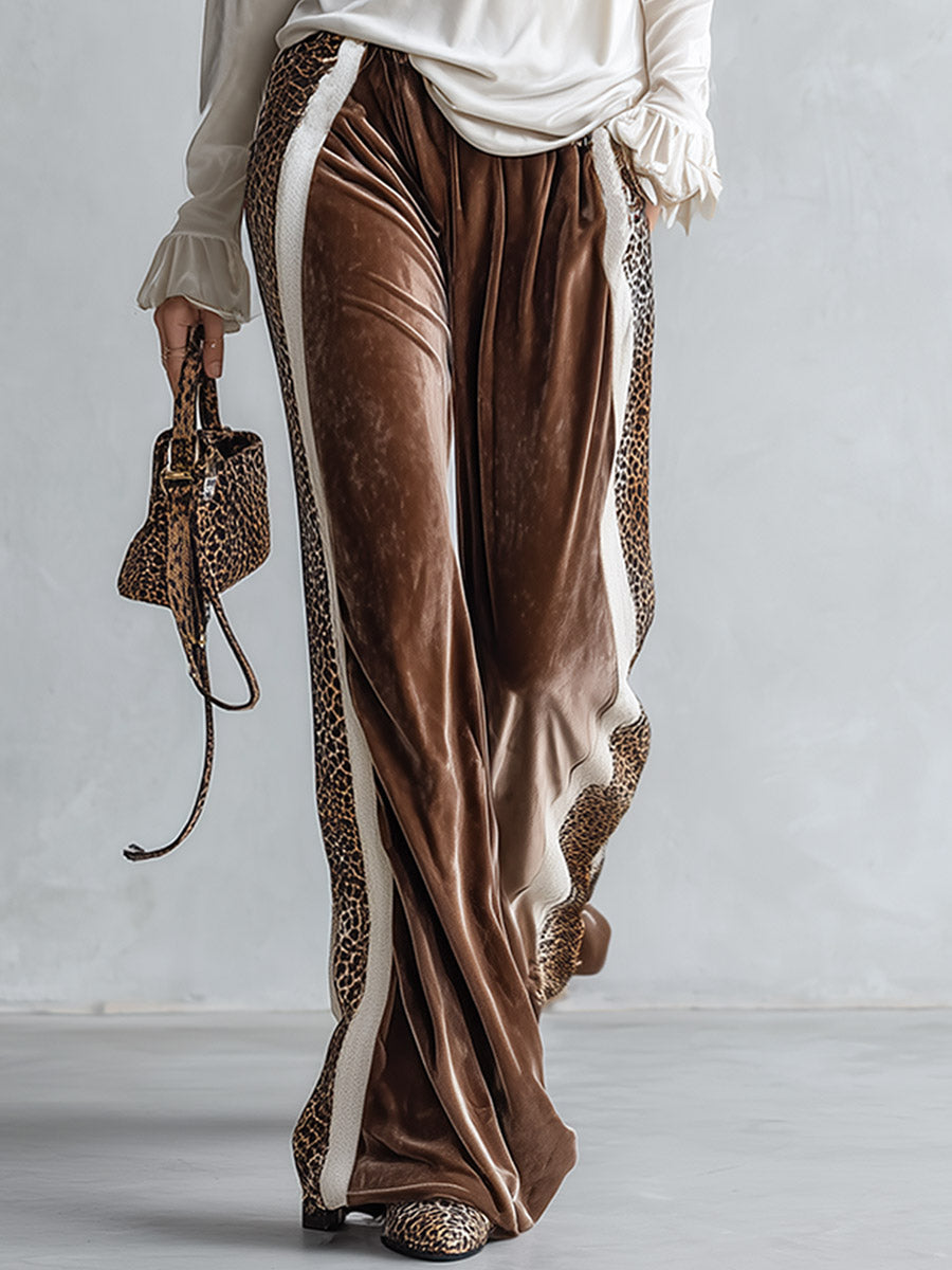 Casual-chic Leopard-print Trim Beige Heart-print T-shirt and Brown Wide-leg velvet Trousers Set  - By Qivii