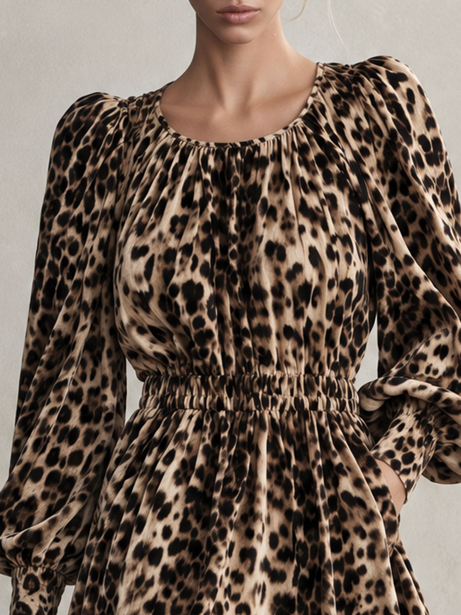 Retro Elegant Brown Leopard Print Round Neck Puff Sleeve Fitted Waist Velvet Mini Dress  - By Qivii