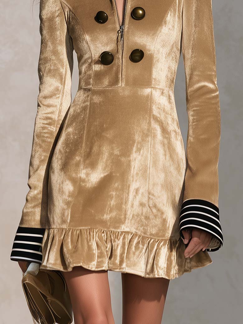Urban Retro Gold Velvet Faux Fur Collar Ruffle Hem Long Sleeve Mini Dress  - By Qivii