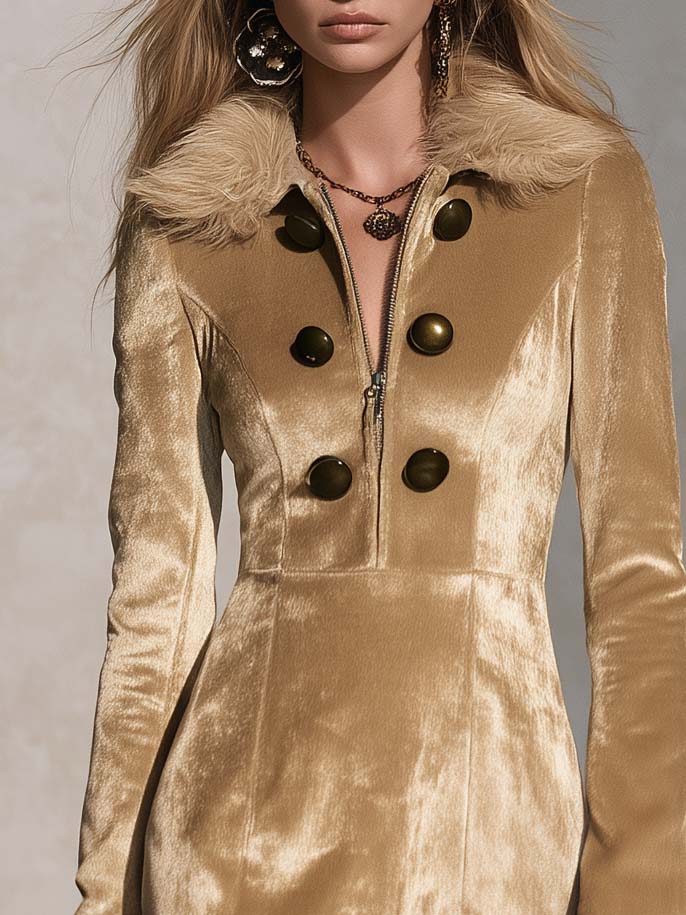 Urban Retro Gold Velvet Faux Fur Collar Ruffle Hem Long Sleeve Mini Dress  - By Qivii