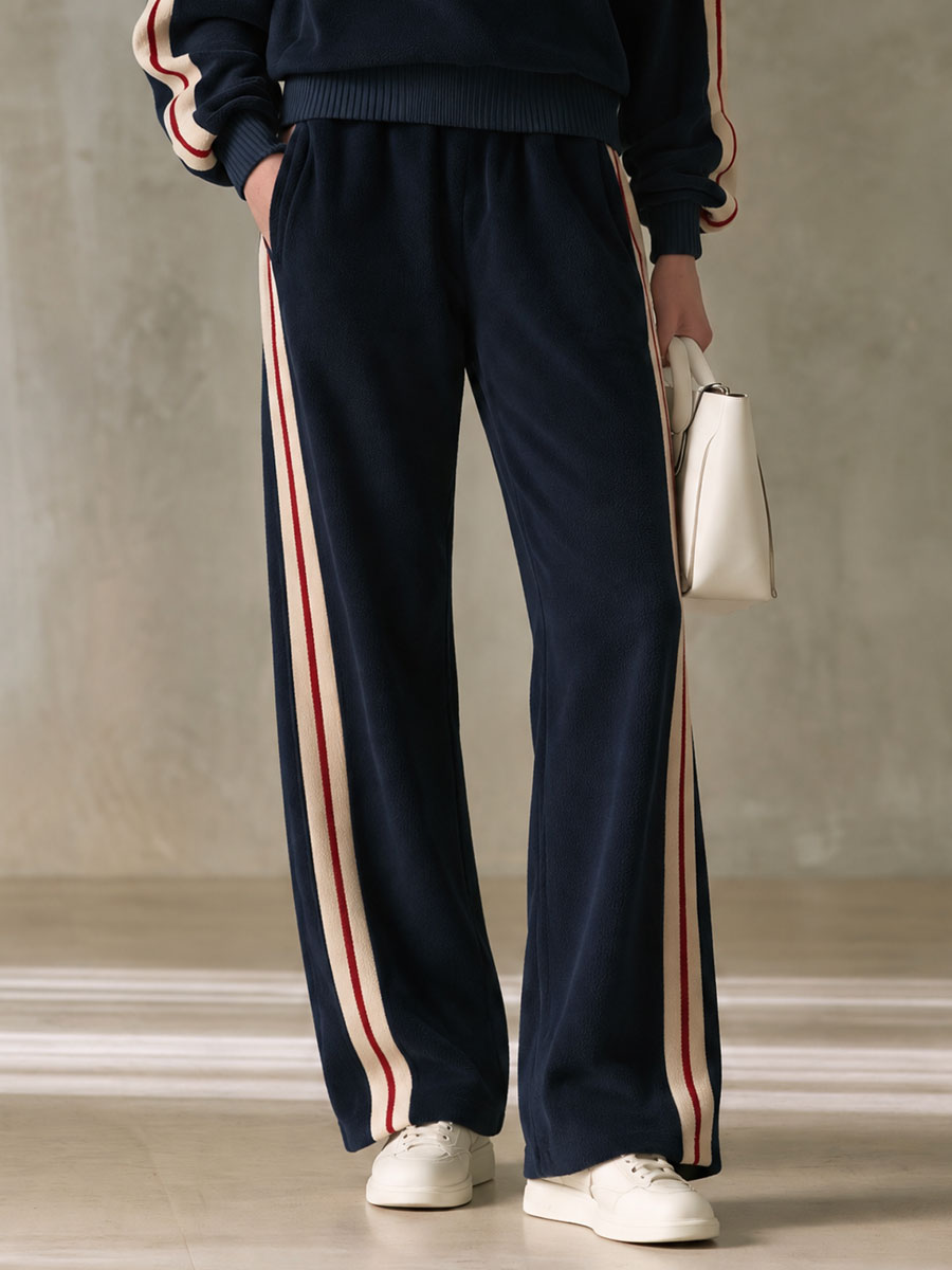 Sporty Retro Color-blocked Navy Blue Fleece Blend Top And Pants Set  - By Qivii