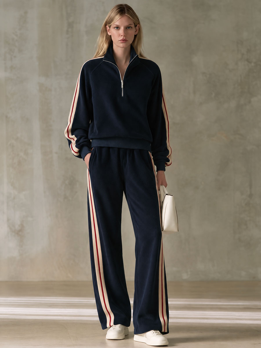 Sporty Retro Color-blocked Navy Blue Fleece Blend Top And Pants Set  - By Qivii