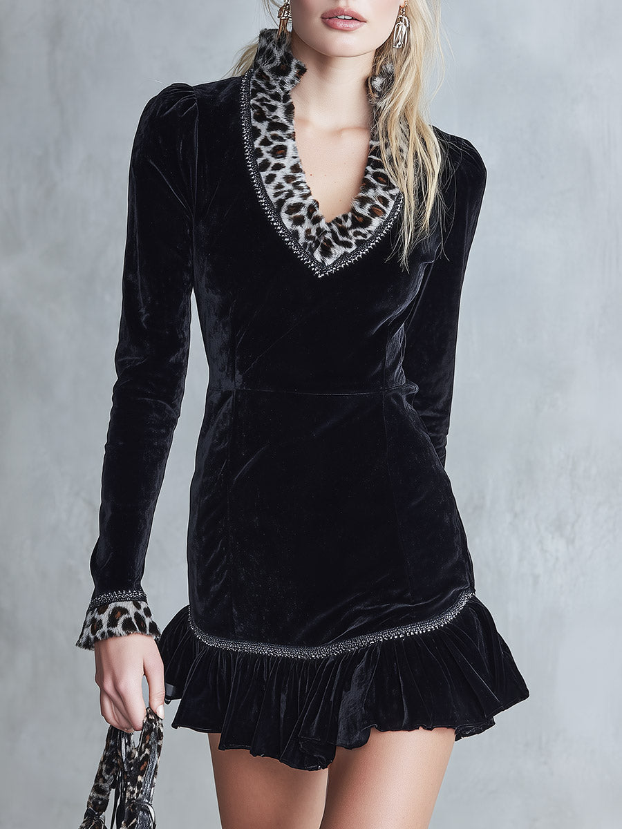 Elegant Faux-Fur Leopard Print Collar Black Velvet Ruffled Mini Dress  - By Qivii