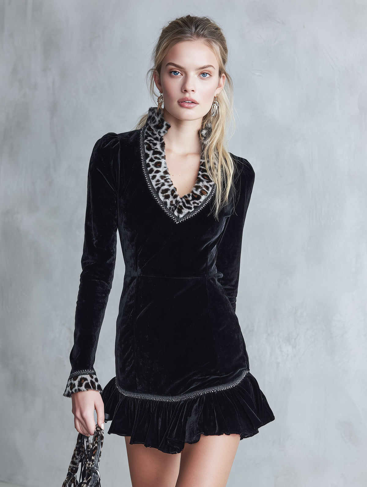Elegant Faux-Fur Leopard Print Collar Black Velvet Ruffled Mini Dress  - By Qivii