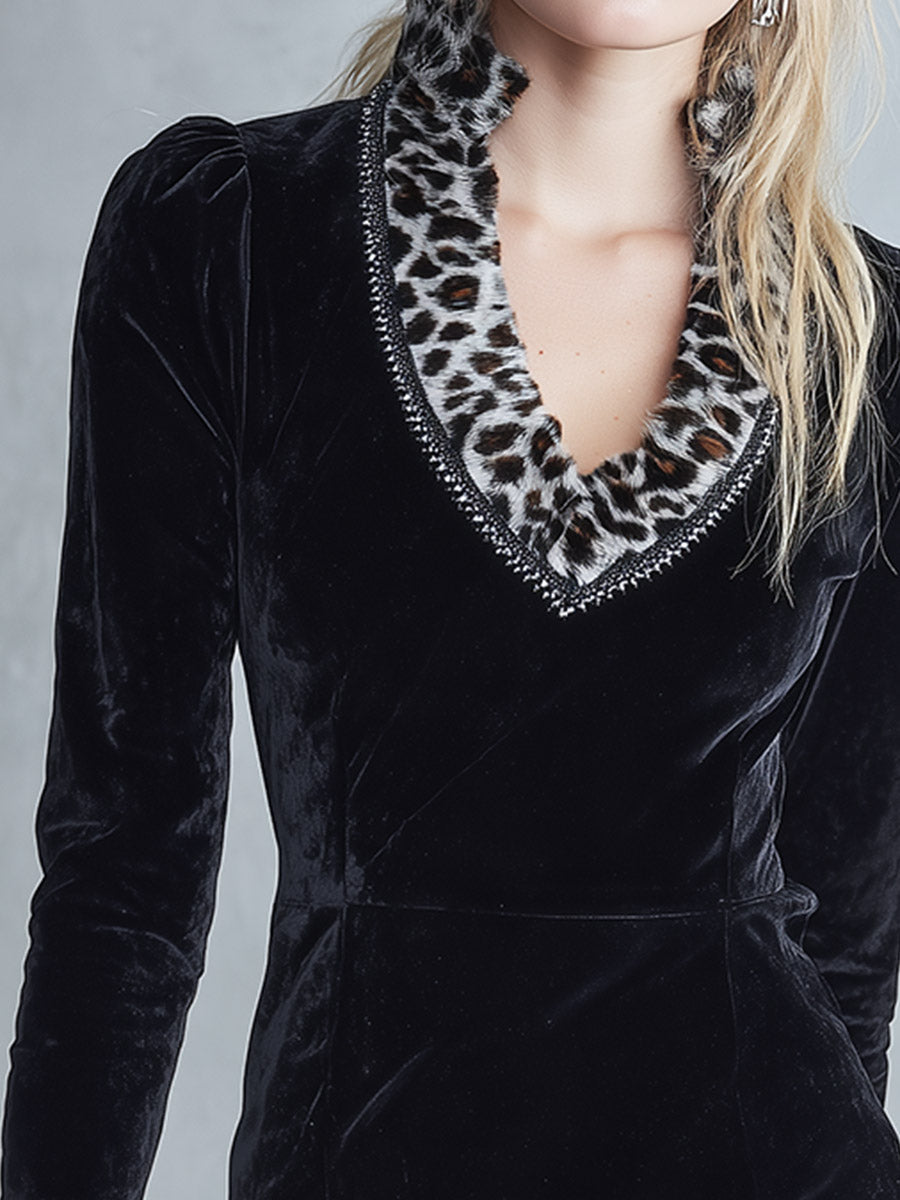 Elegant Faux-Fur Leopard Print Collar Black Velvet Ruffled Mini Dress  - By Qivii
