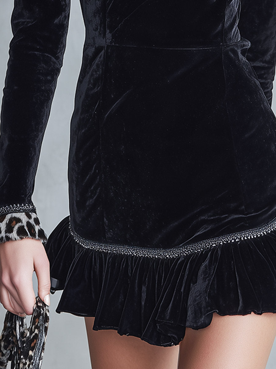 Elegant Faux-Fur Leopard Print Collar Black Velvet Ruffled Mini Dress  - By Qivii