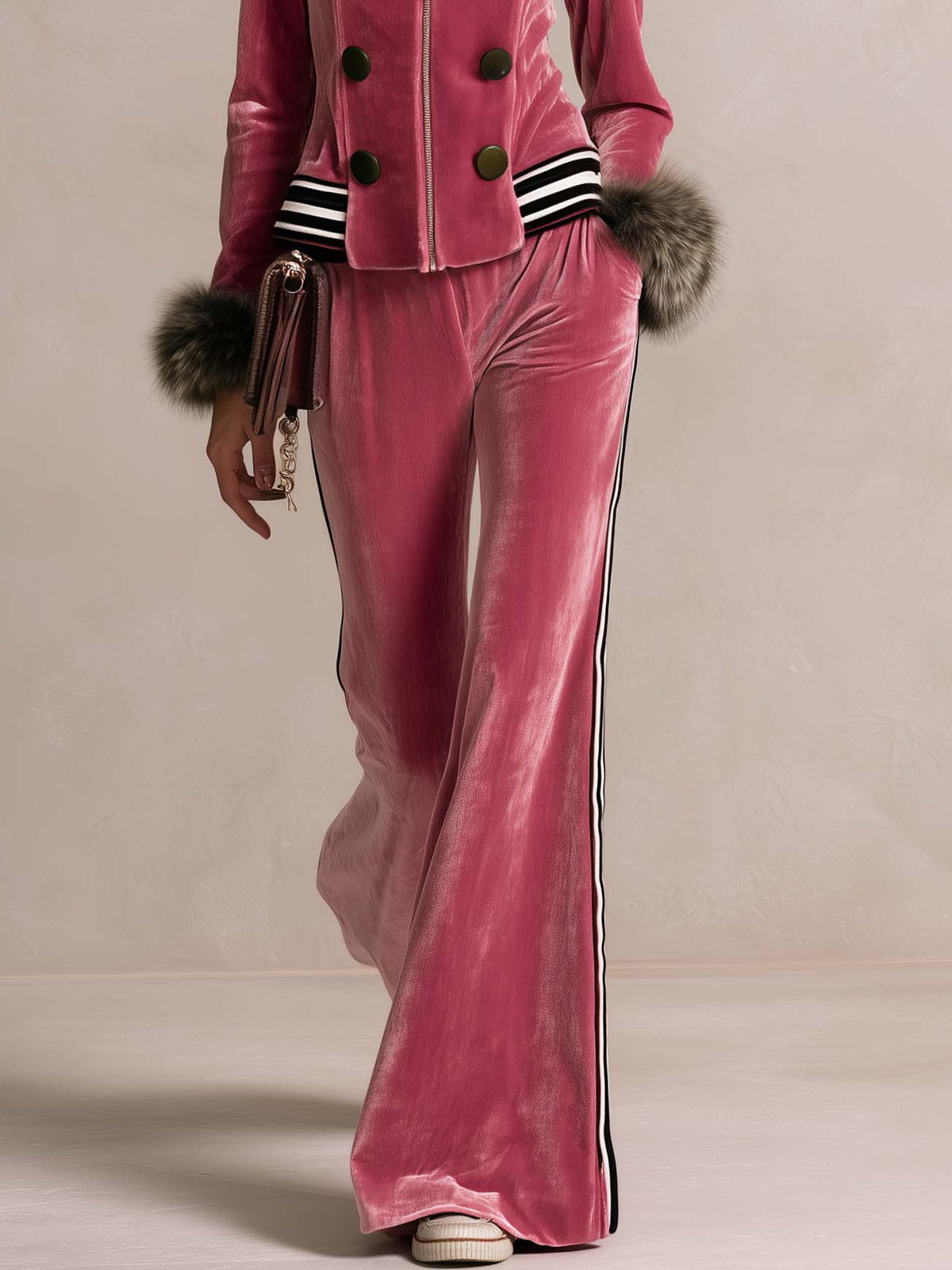 Retro Glam Pink Velvet Faux-Fur Cuff Zip-Up Top Side-Stripe Wide-Leg Pants Set  - By Qivii