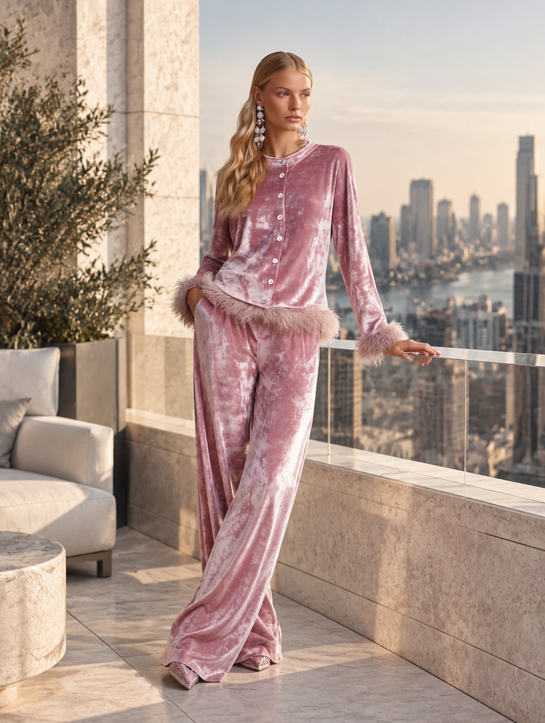 Elegant Faux-fur Trim Dusty Rose Crushed Velvet Top and Wide-Leg Trousers Two-Piece Sets  - By Qivii