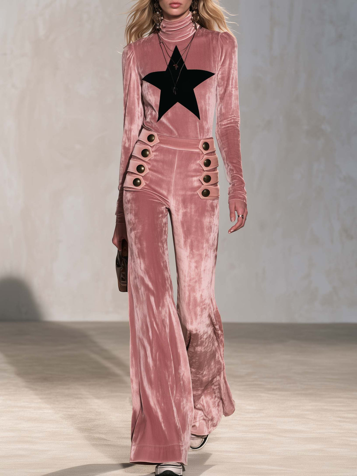 Retro Pink Star Turtleneck Sailor Button Flare Pants Velvet Two-Piece Set  - By Qivii