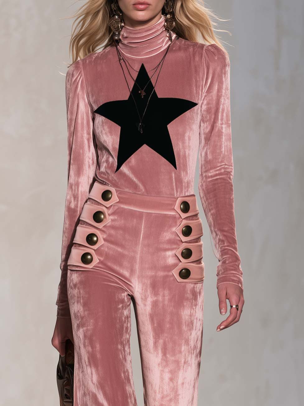 Retro Pink Star Turtleneck Sailor Button Flare Pants Velvet Two-Piece Set  - By Qivii