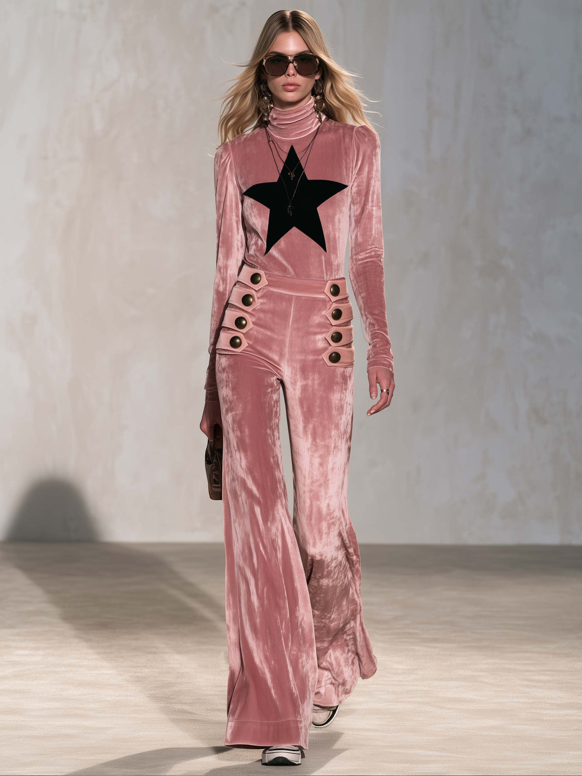 Retro Pink Star Turtleneck Sailor Button Flare Pants Velvet Two-Piece Set  - By Qivii