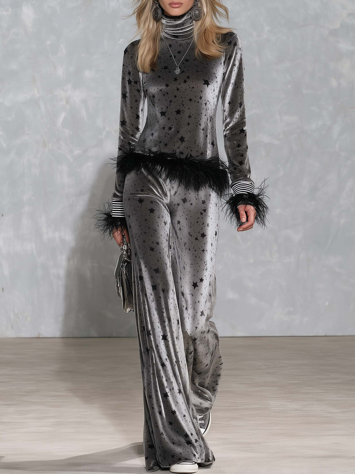 Retro Glam Star Print Grey Velvet Feather Trim Turtleneck Wide-Leg Pants Set  - By Qivii