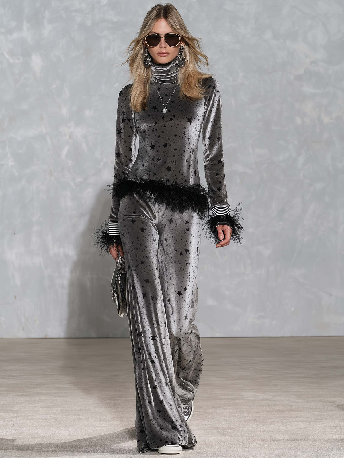 Retro Glam Star Print Grey Velvet Feather Trim Turtleneck Wide-Leg Pants Set  - By Qivii