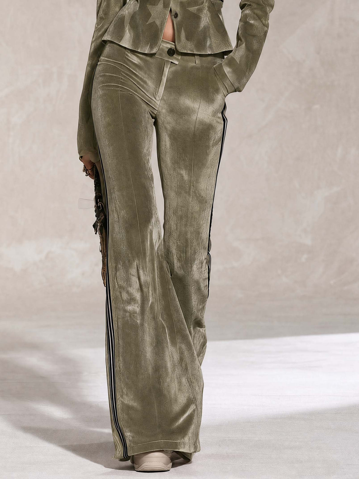 Retro Sporty Olive Star Velvet Peplum Jacket Side Stripe Flare Pants Set  - By Qivii