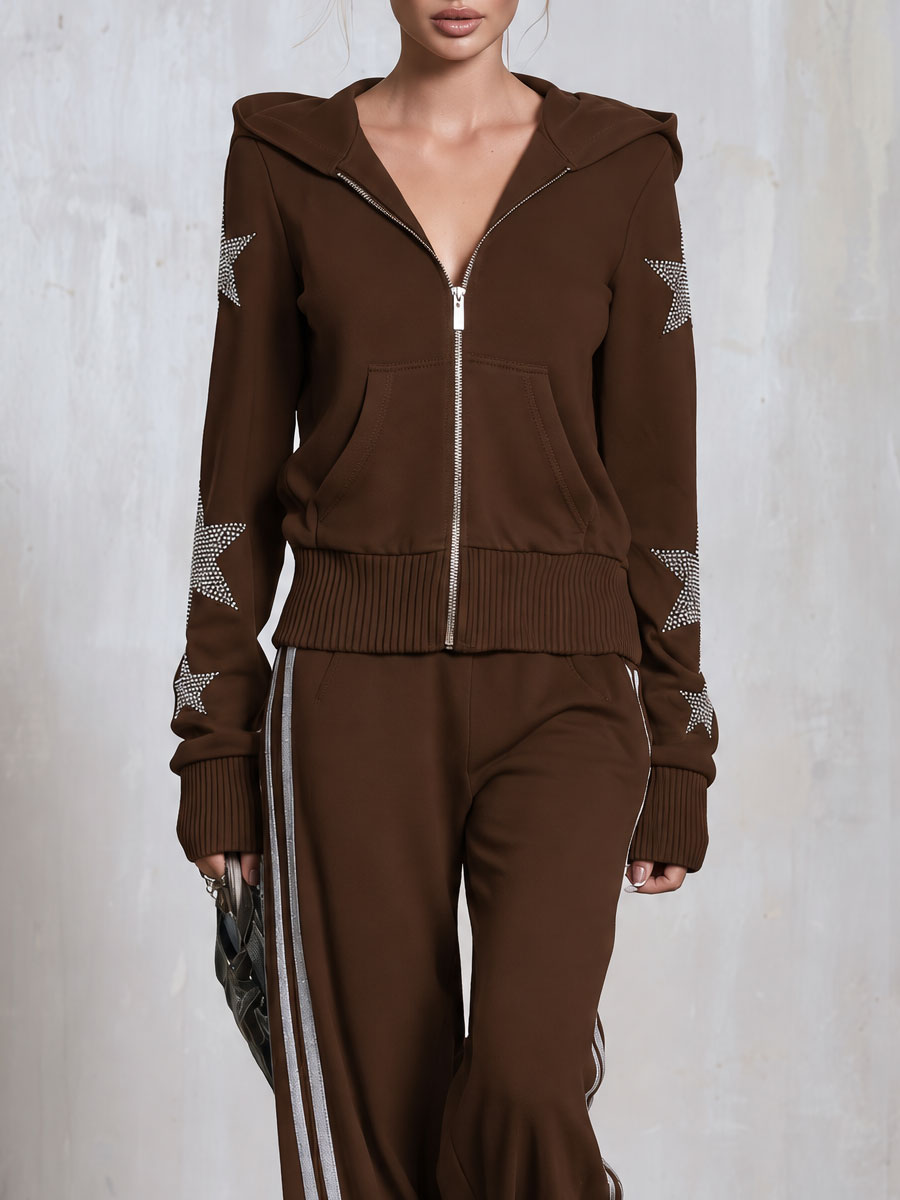 Casual Sporty Retro Silver Rhinestone And Trim Brown Zip-Up Sweatshirt And Pants Set  - By Qivii