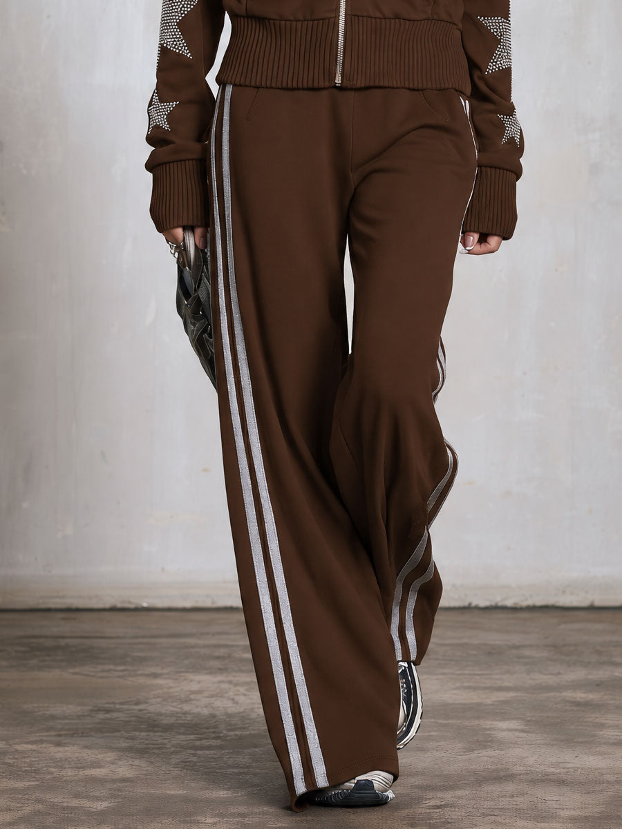 Casual Sporty Retro Silver Rhinestone And Trim Brown Zip-Up Sweatshirt And Pants Set  - By Qivii