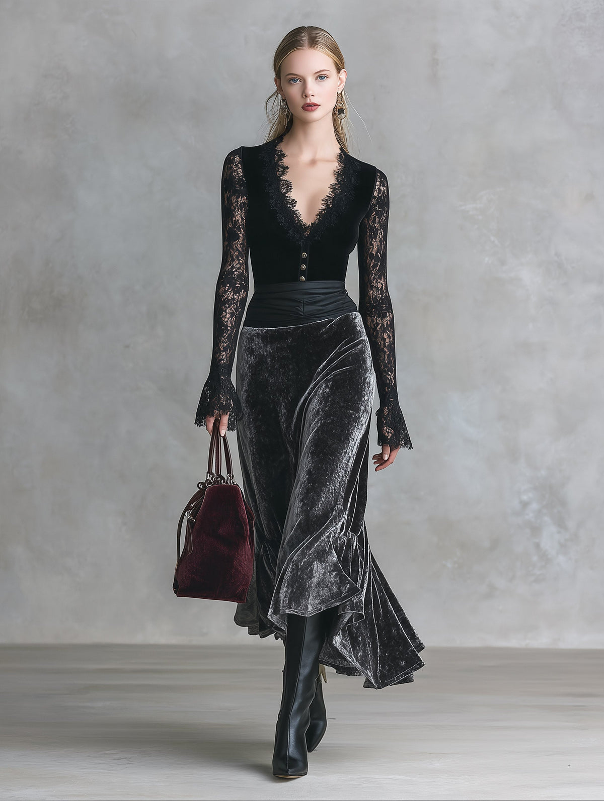 Elegant Party Black Lace And Grey Velvet Patchwork Maxi Dress  - By Qivii