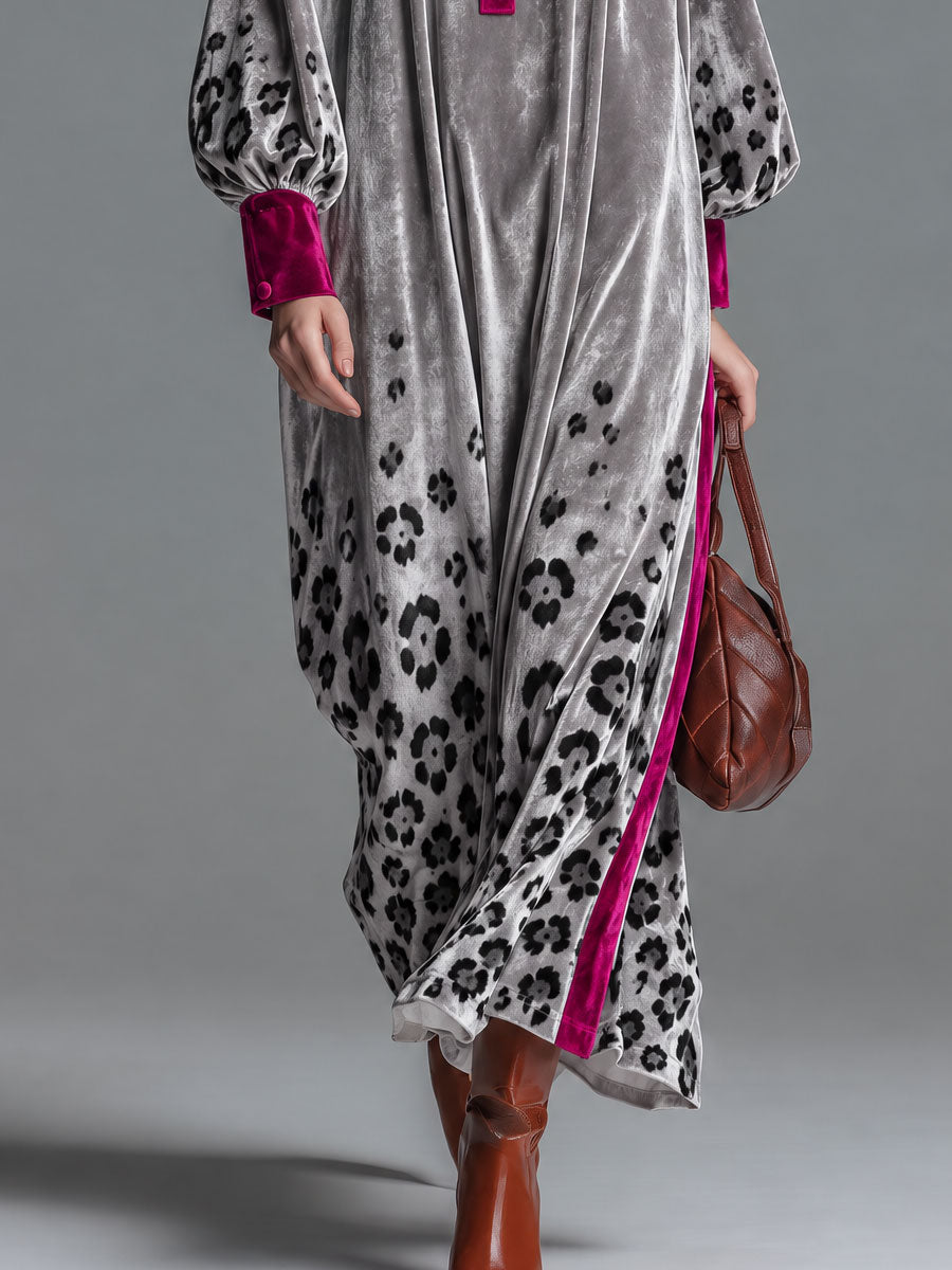 Retro Chic Color-blocked Trim And Leopard Print Silver Henley Collar Velvet Maxi Dress  - By Qivii
