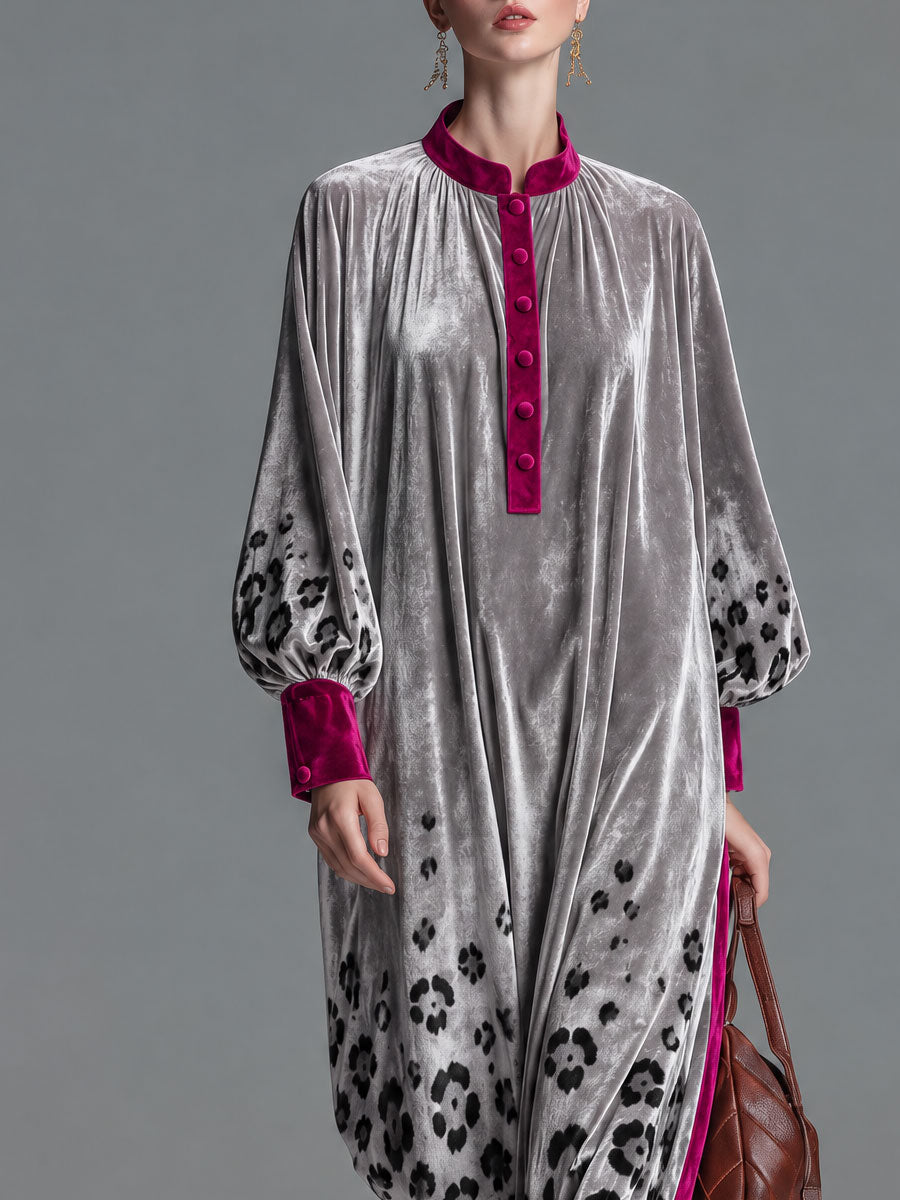 Retro Chic Color-blocked Trim And Leopard Print Silver Henley Collar Velvet Maxi Dress  - By Qivii